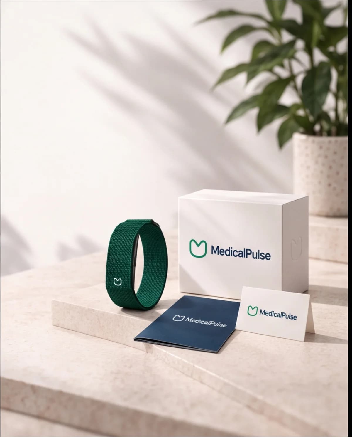 Pulseira verde MedicalPulse ao lado da embalagem e dos materiais da marca