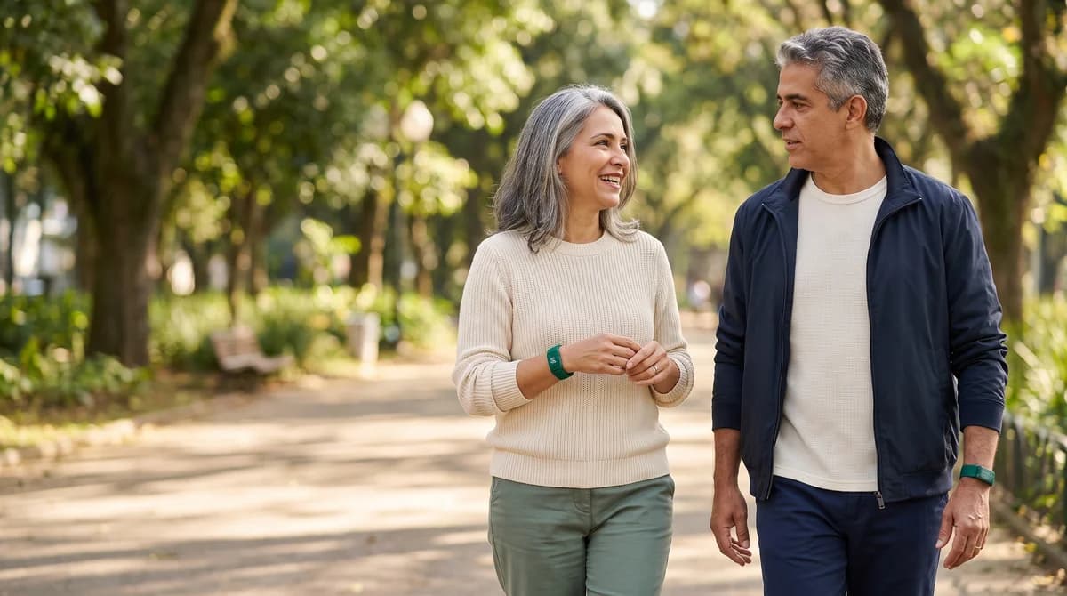 Casal caminhando ao ar livre com as pulseiras MedicalPulse