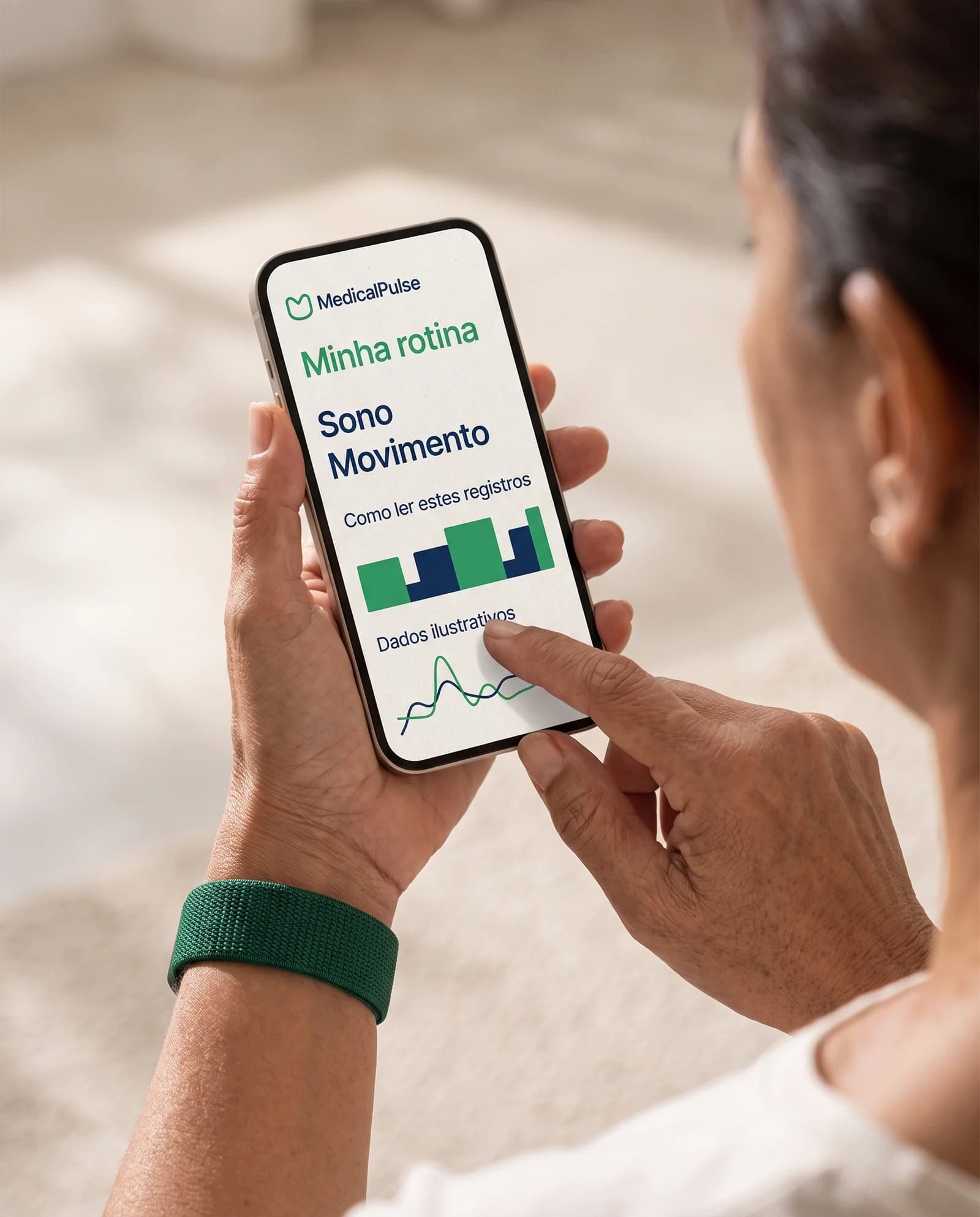 Participante consulta registros ilustrativos de sono e movimento no aplicativo MedicalPulse