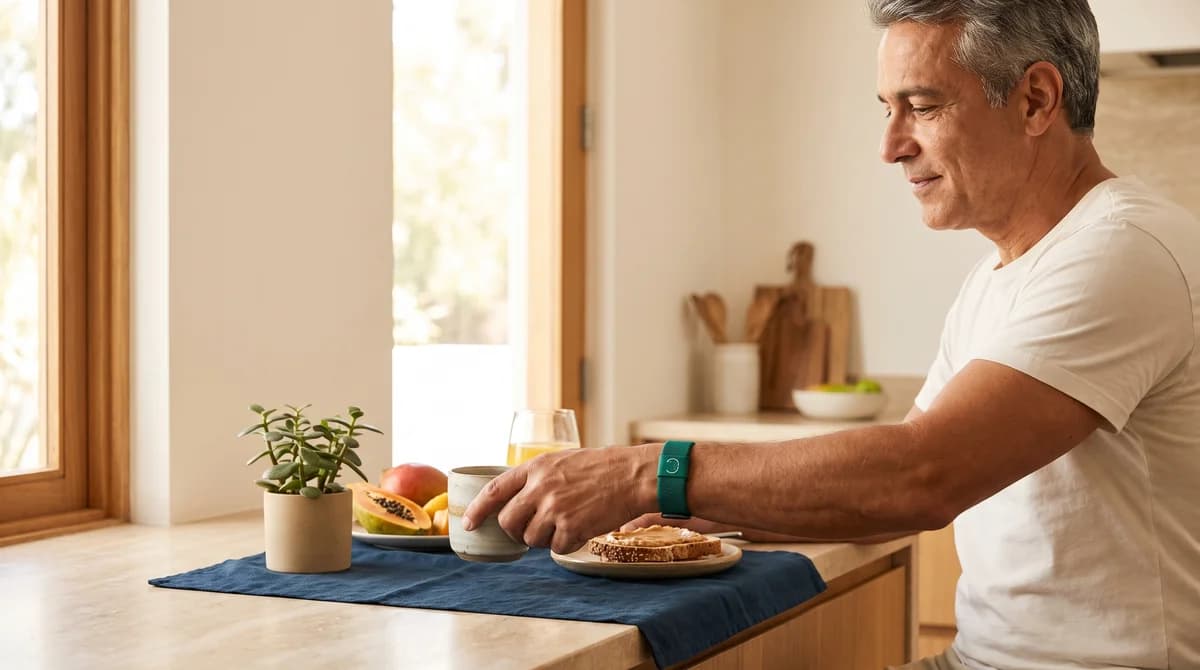 Homem tomando café pela manhã com a pulseira MedicalPulse