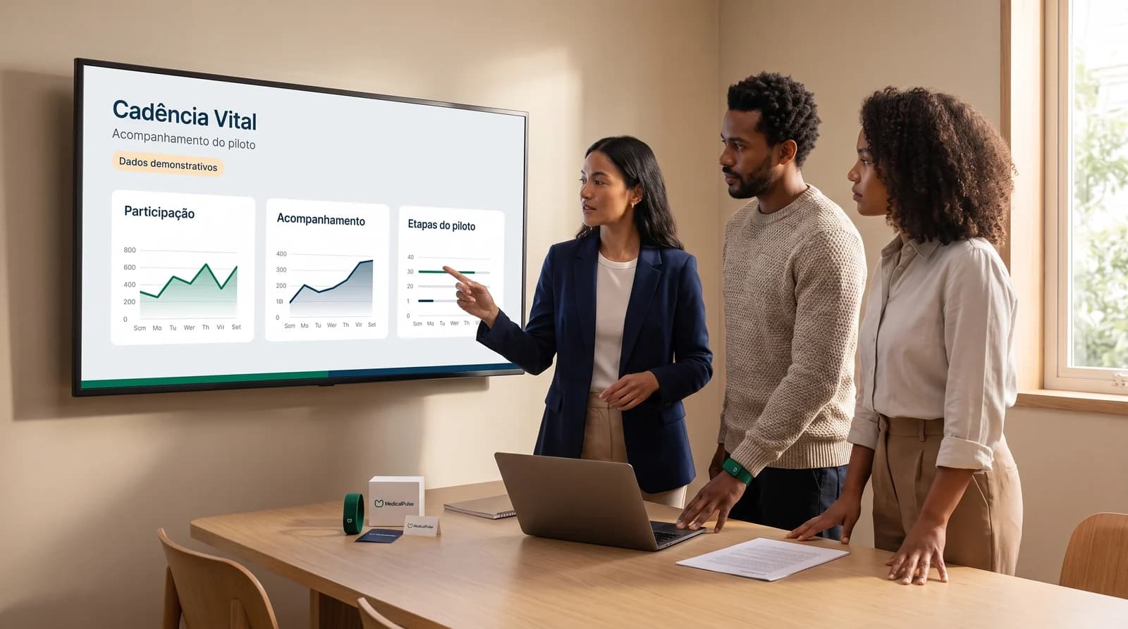 Equipe diante de um painel conceitual de participação, acompanhamento e etapas do piloto Cadência Vital