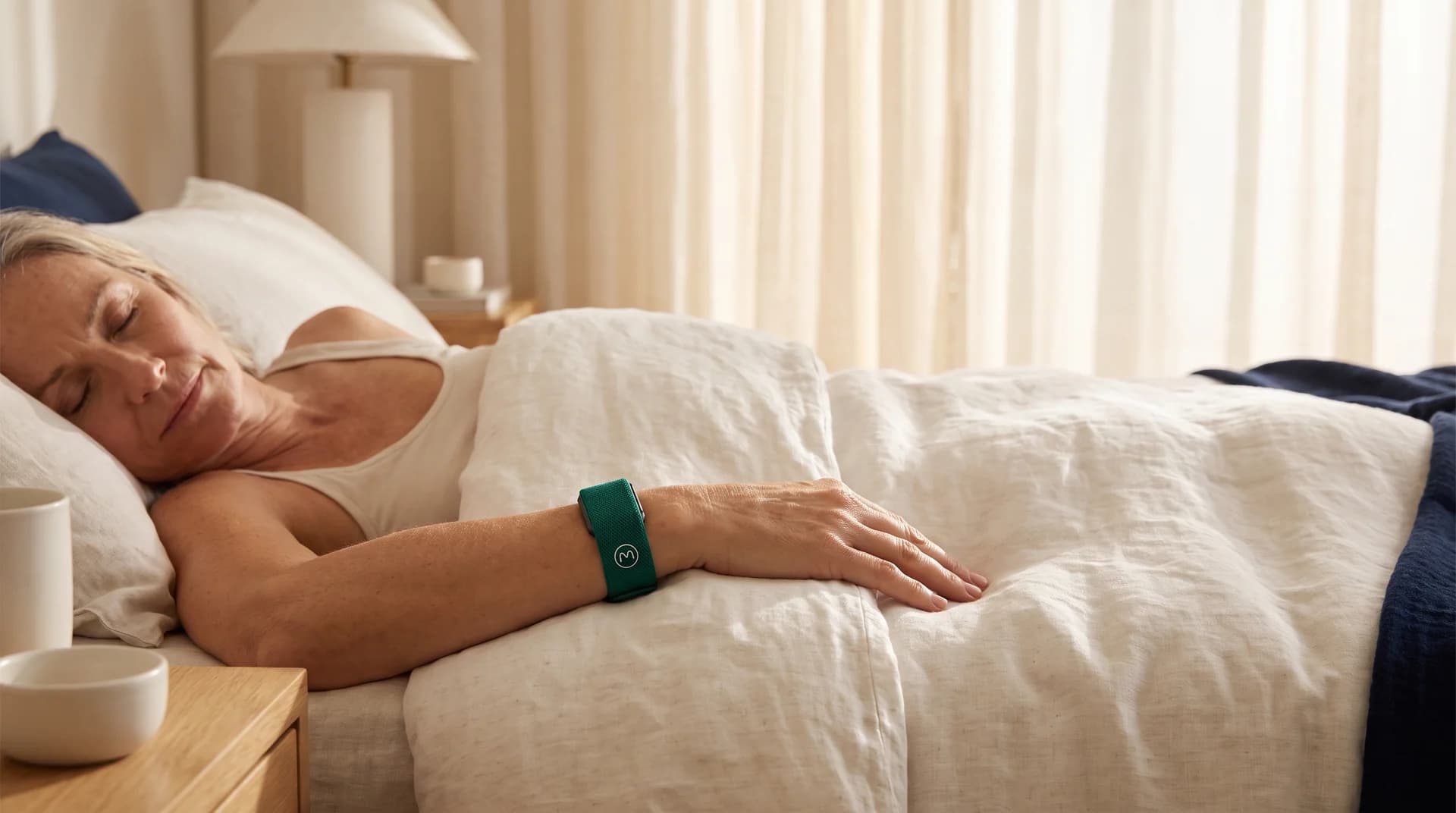 Pessoa descansando na cama com a pulseira verde MedicalPulse no pulso