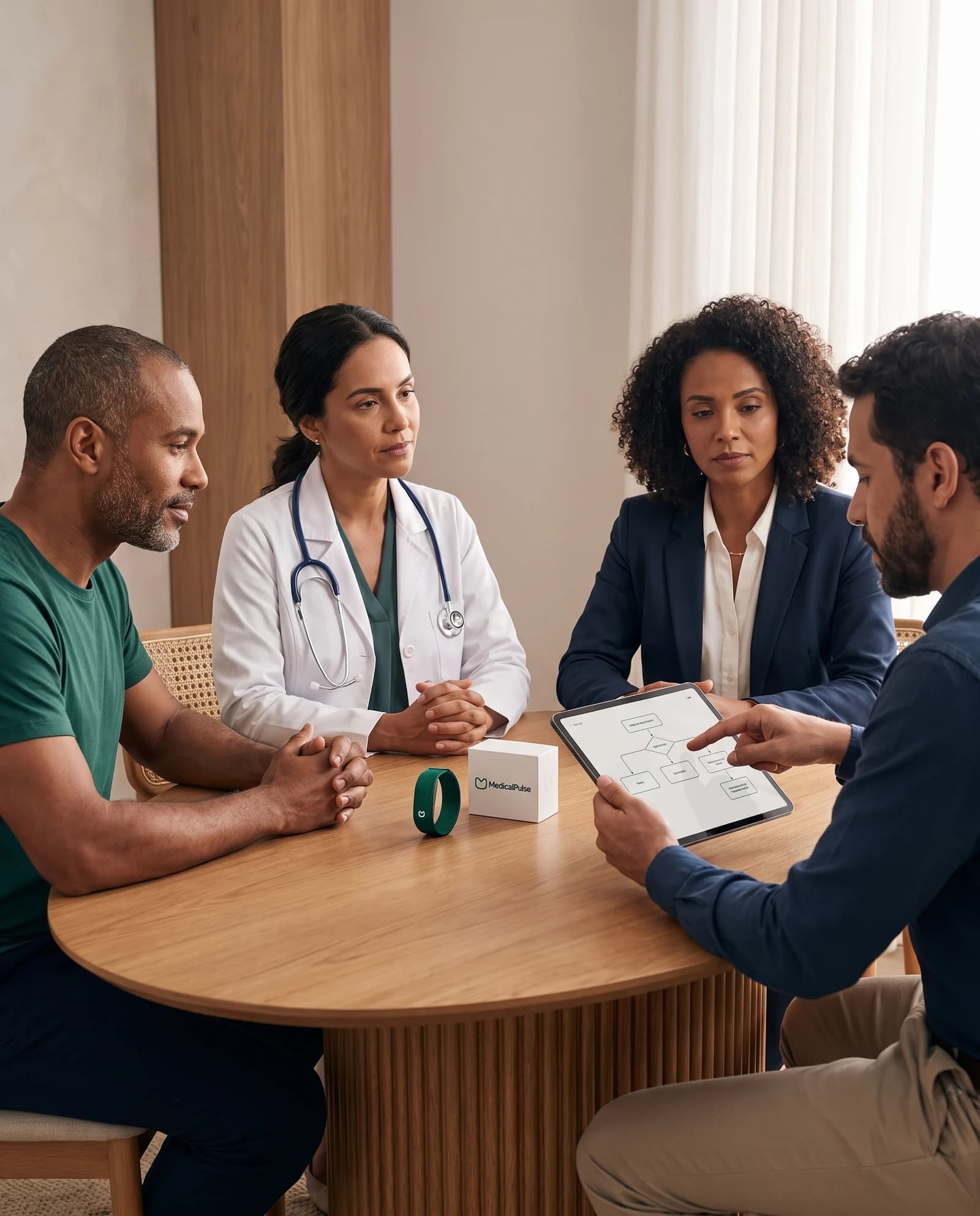 Equipe multidisciplinar reunida em torno de uma mesa para planejar a proposta MedicalPulse